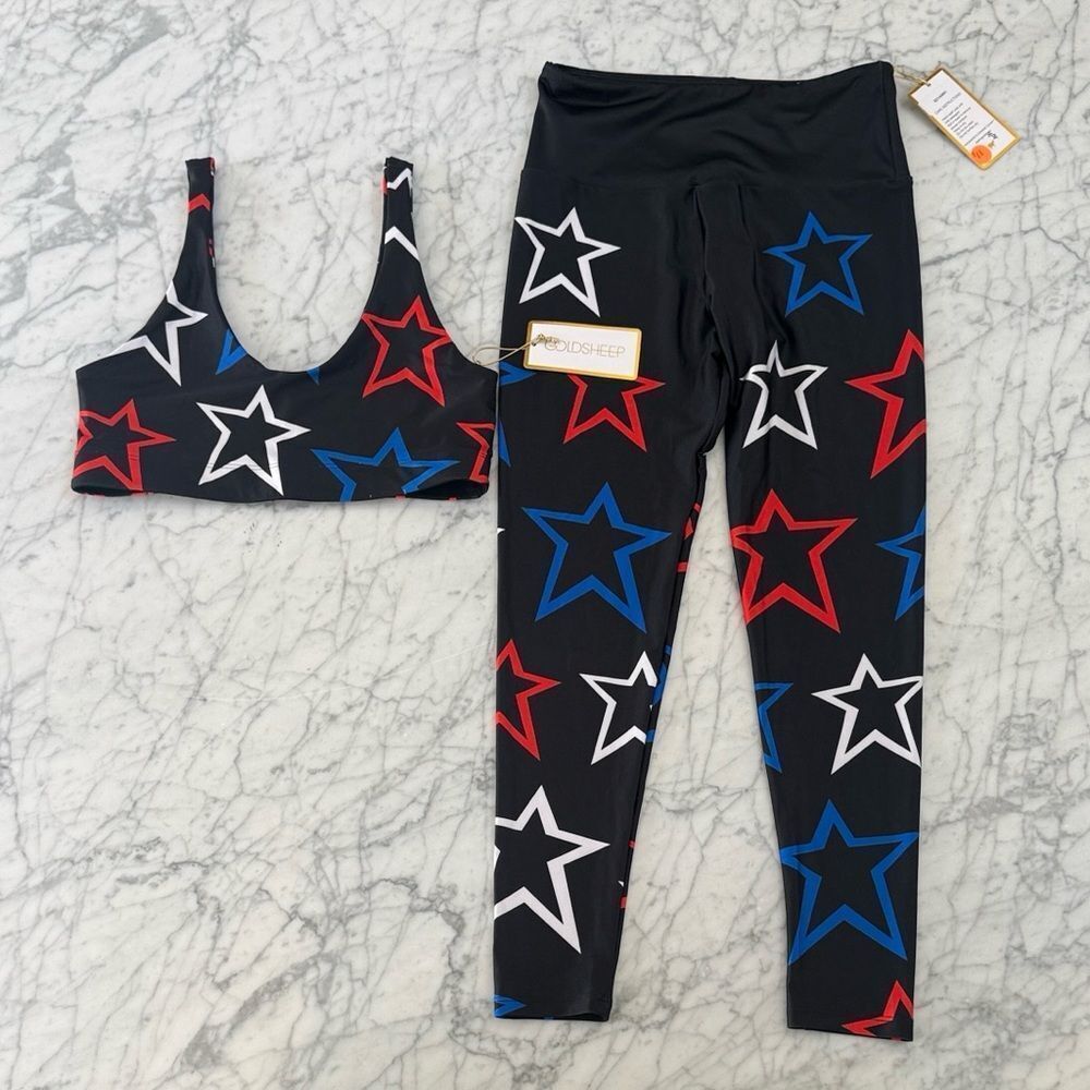 NWT Sz L Gold Sheep Star Patriotic Legging Sports Bra Set